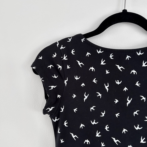 Simons Fit and Flare Sundress Black Bird Pattern Cap Sleeve Scoop Neck Size S - Picture 11 of 13